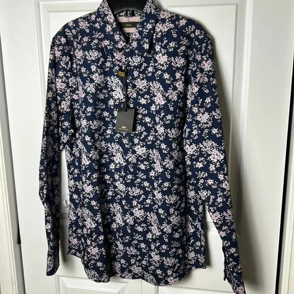 AKA SLIM FIT BLUE LONG SLEEVE SHIRT WITH  FLORAL PINK DESIGN . 100 cotton - Picture 1 of 10